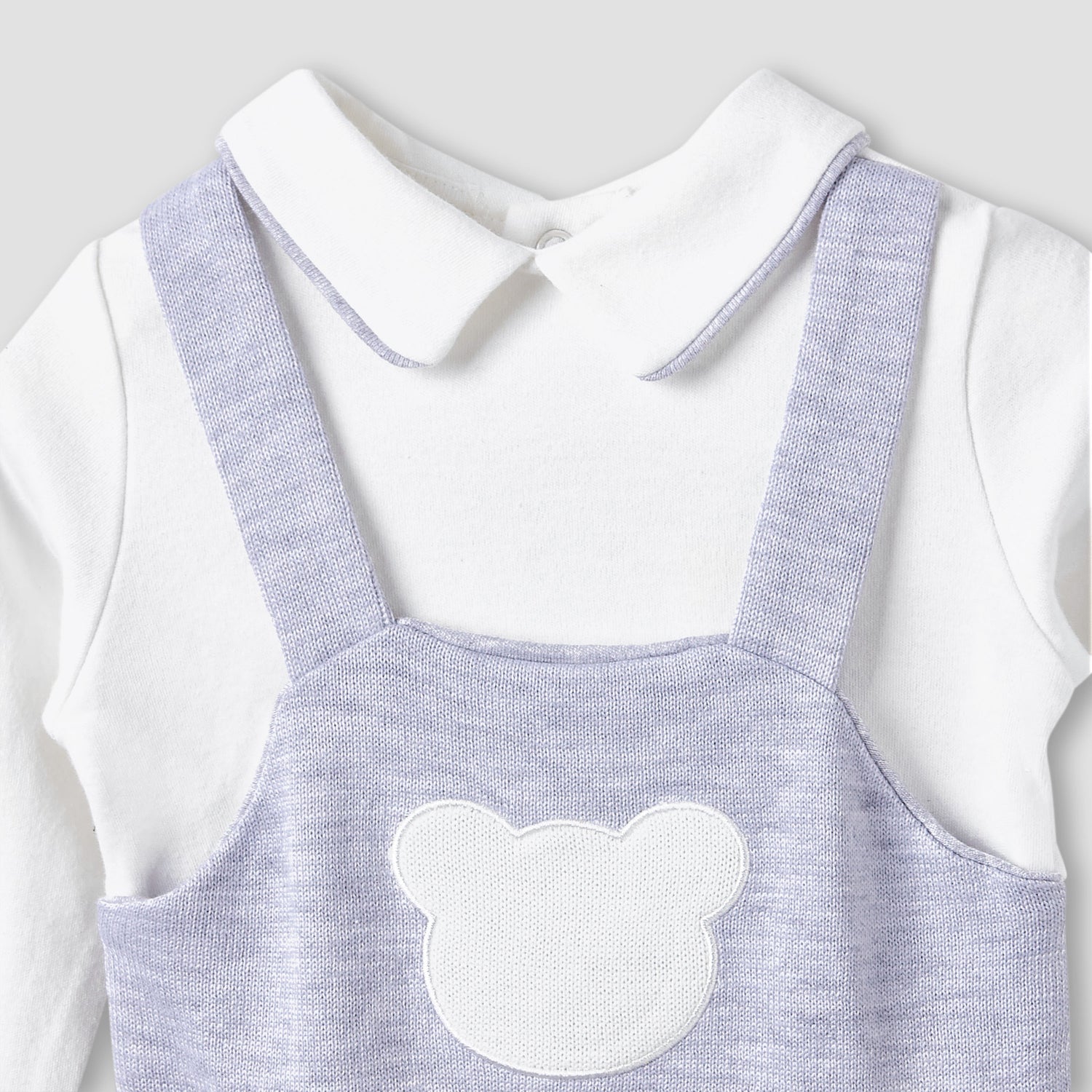 Giggles Collared Sleepsuit with Bear Applique - Cotton - Long Sleeves
