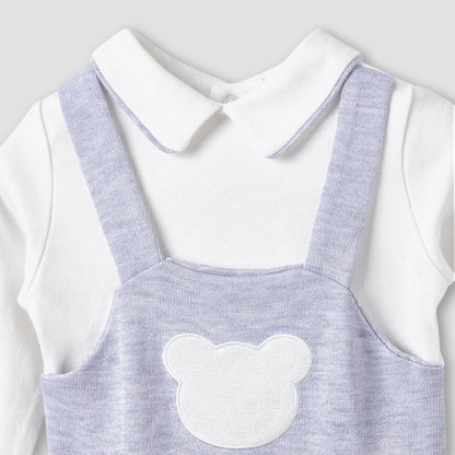 Giggles Collared Sleepsuit with Bear Applique - Cotton - Long Sleeves