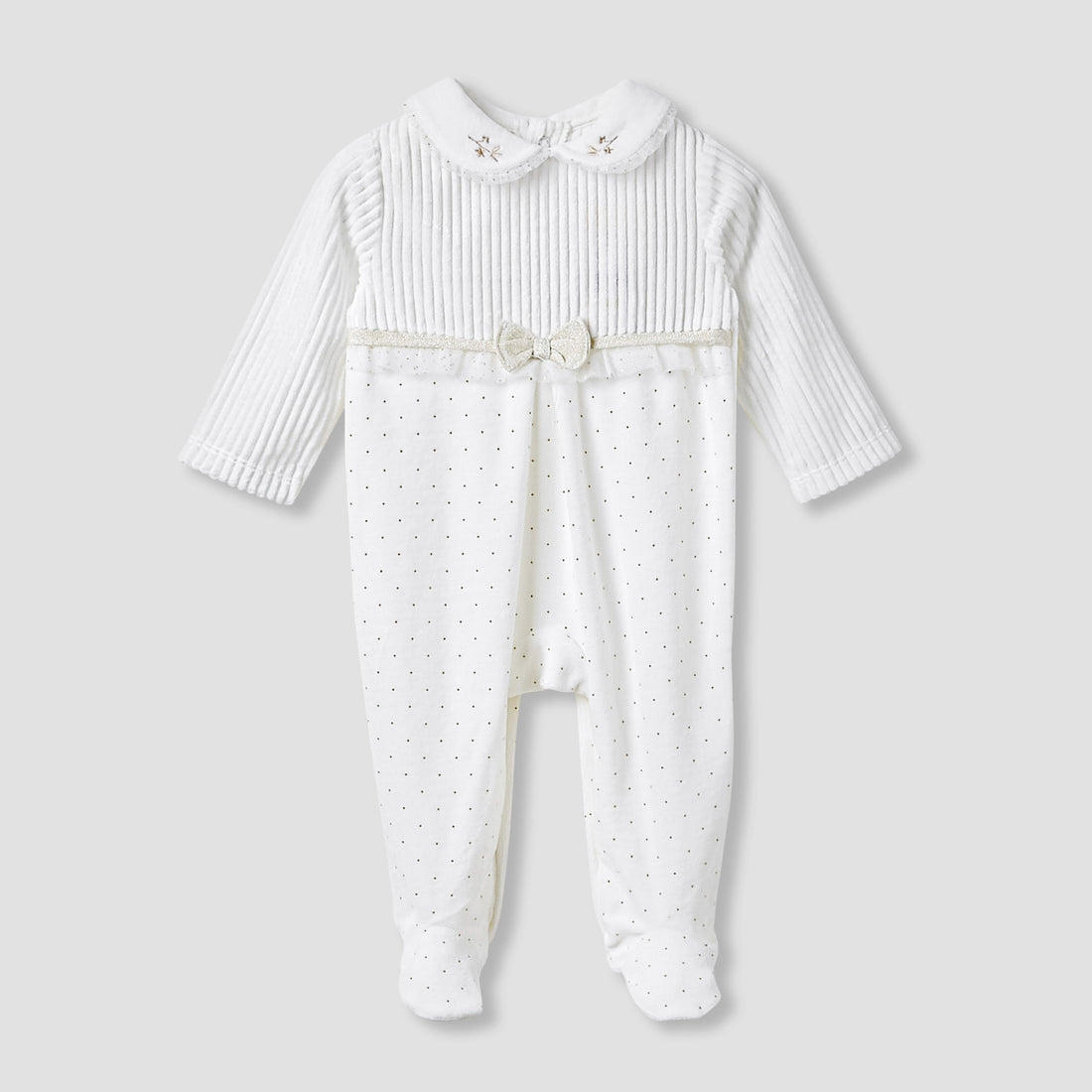 Giggles Collared Closed Foot Sleepsuit with Floral Embroidery - Long Sleeves - White / 9-12 mths