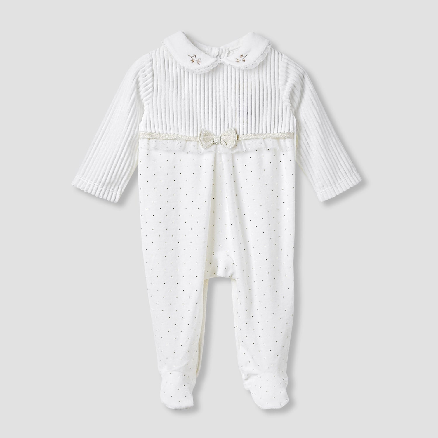 Giggles Collared Closed Foot Sleepsuit with Floral Embroidery - Long Sleeves - White / 9-12 mths