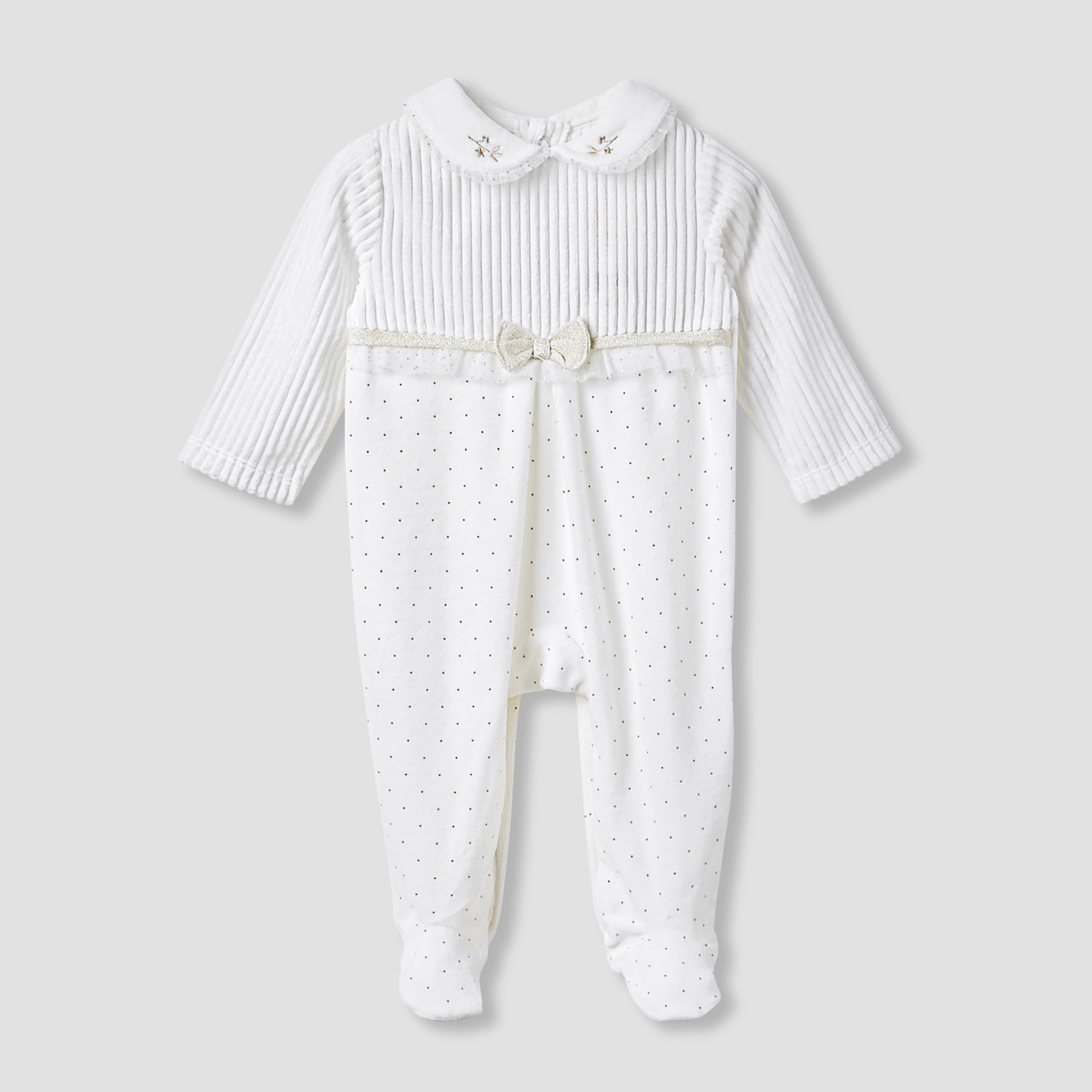 Giggles Collared Closed Foot Sleepsuit with Floral Embroidery - Long Sleeves - White / 9-12 mths