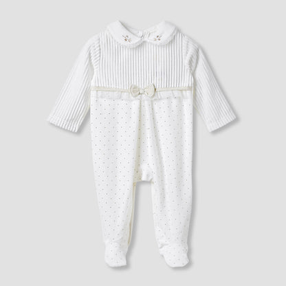 Giggles Collared Closed Foot Sleepsuit with Floral Embroidery - Long Sleeves - White / 9-12 mths