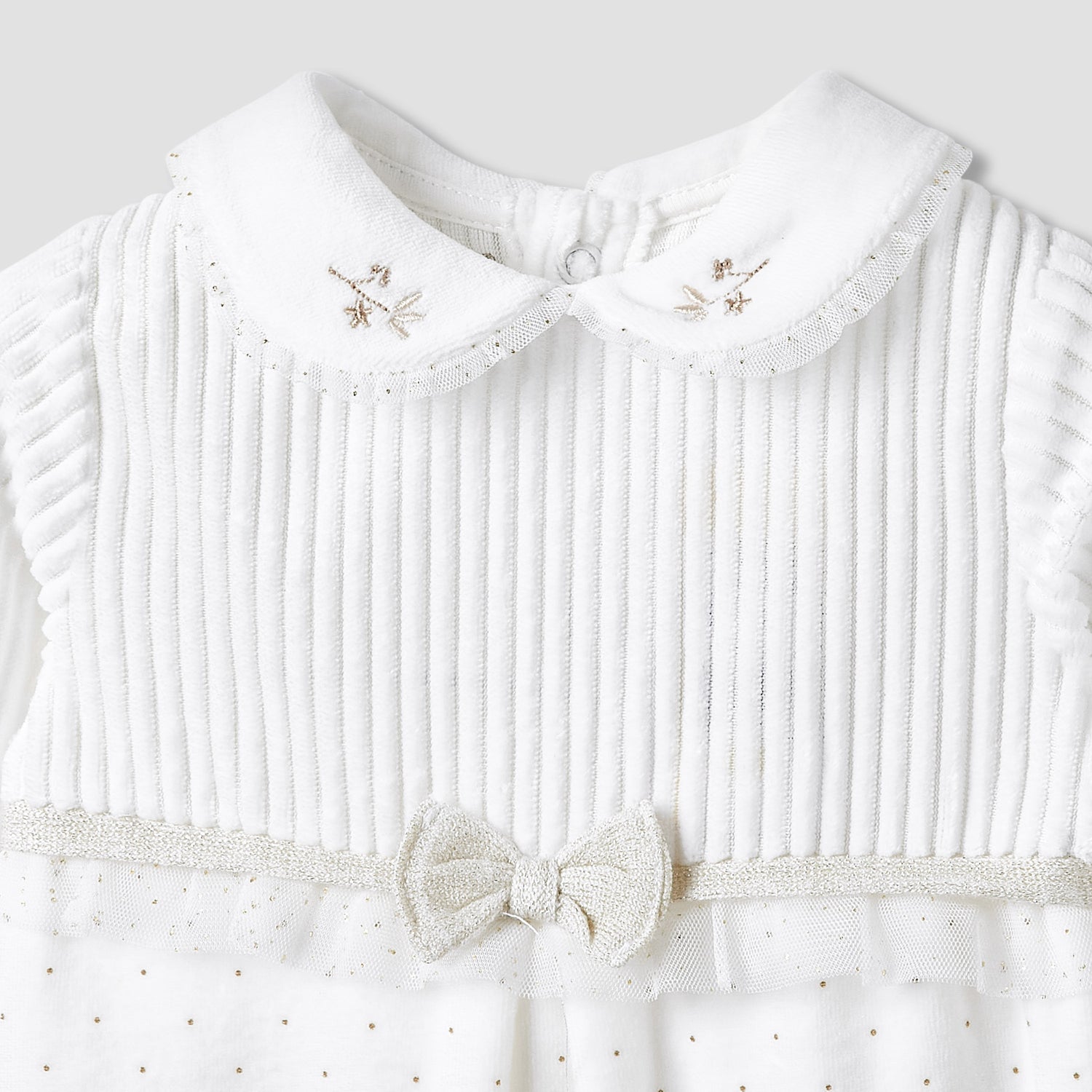 Giggles Collared Closed Foot Sleepsuit with Floral Embroidery - Long Sleeves