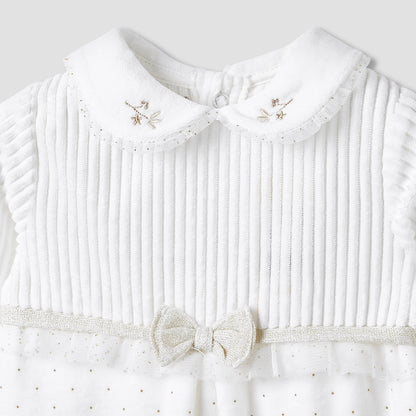 Giggles Collared Closed Foot Sleepsuit with Floral Embroidery - Long Sleeves