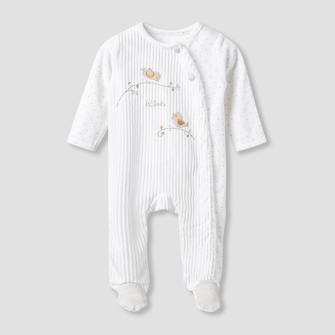 Giggles Round Neck Closed Foot Sleepsuit with Bird Applique - Long Sleeves