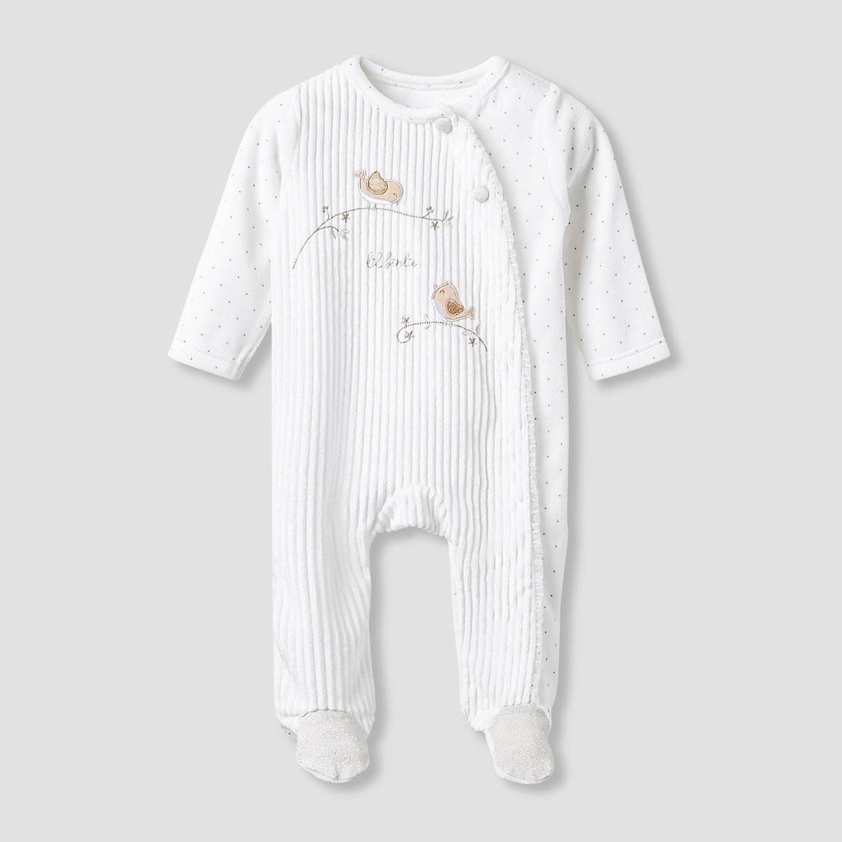Giggles Round Neck Closed Foot Sleepsuit with Bird Applique - Long Sleeves