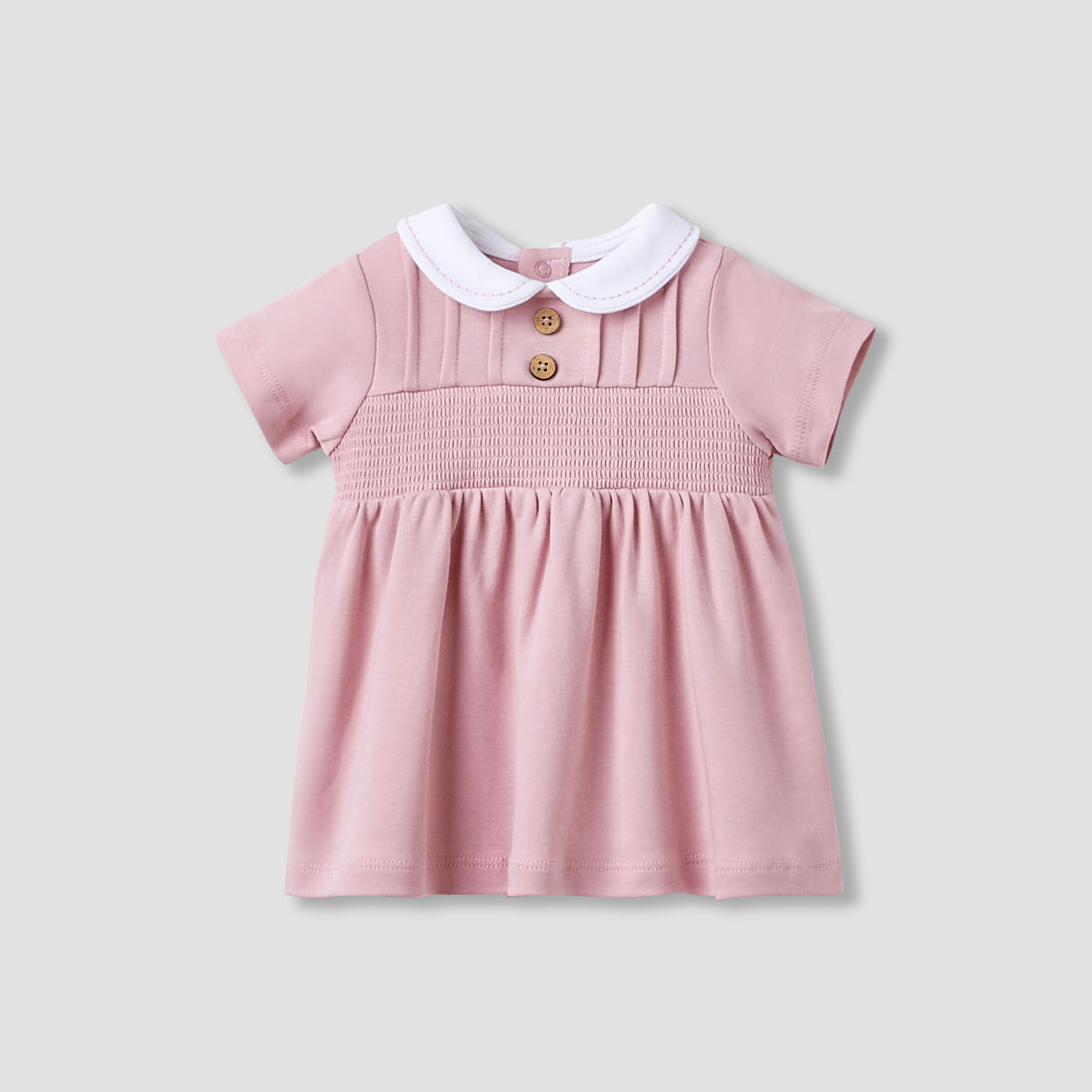 Giggles Girls A-line Dress with Smock Detail - Cotton - Short Sleeves - Peter Pan Collar - Pink / 9-12 mths
