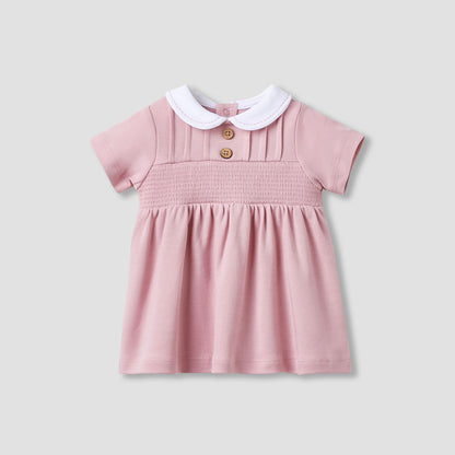 Giggles Girls A-line Dress with Smock Detail - Cotton - Short Sleeves - Peter Pan Collar - Pink / 9-12 mths