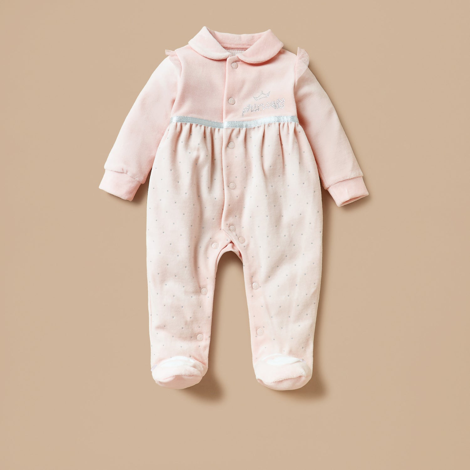 Giggles Embellished Velour Closed Feet Sleepsuit with Button Closure - Pink / 9-12 mths