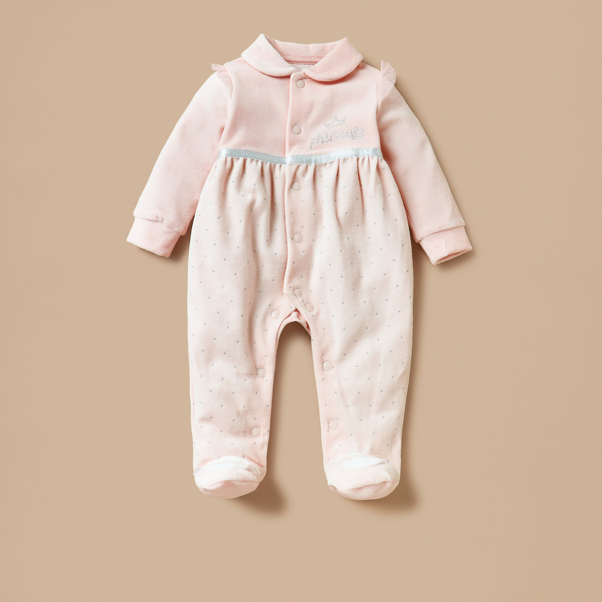 Giggles Embellished Velour Closed Feet Sleepsuit with Button Closure
