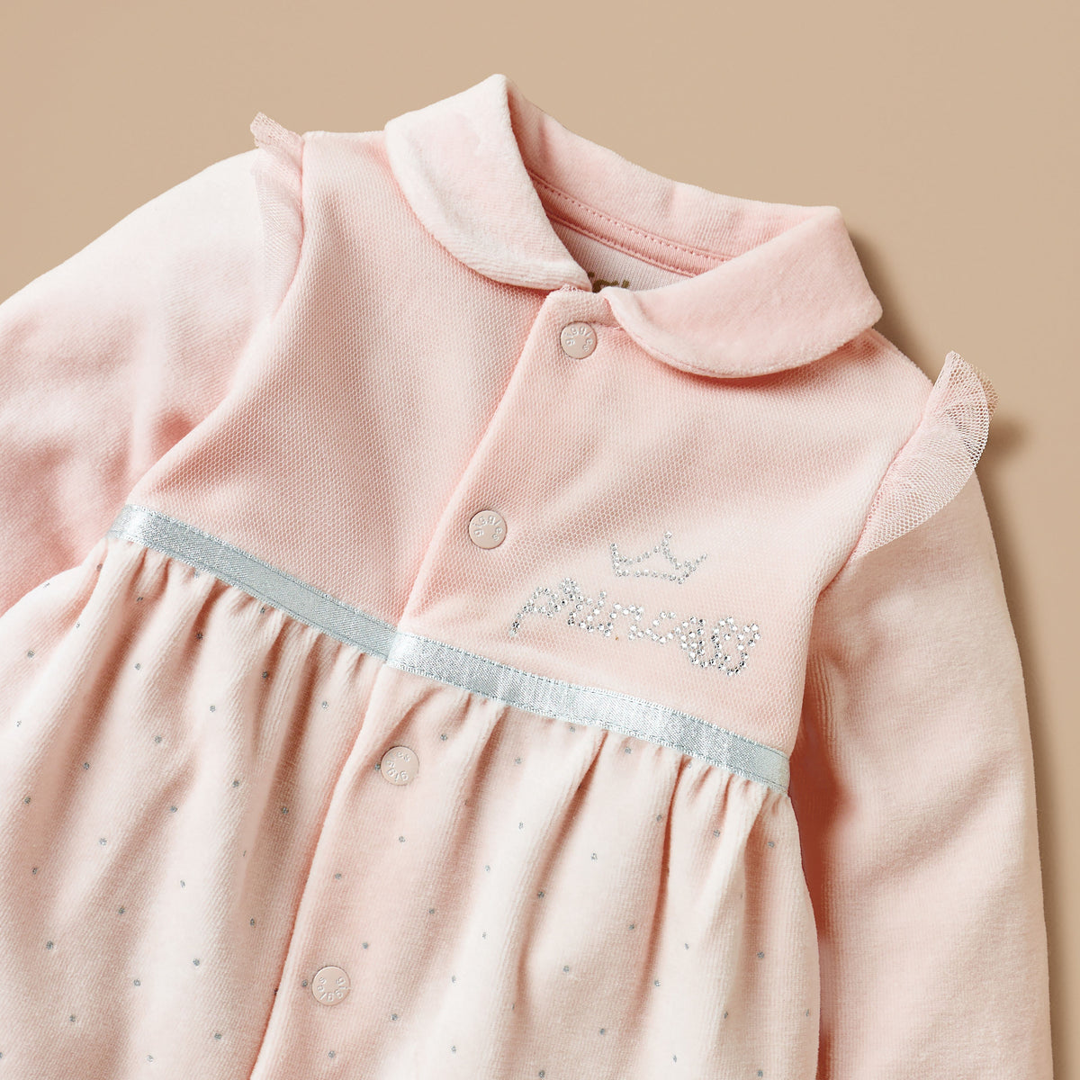 Giggles Embellished Velour Closed Feet Sleepsuit with Button Closure