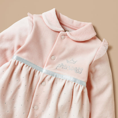 Giggles Embellished Velour Closed Feet Sleepsuit with Button Closure