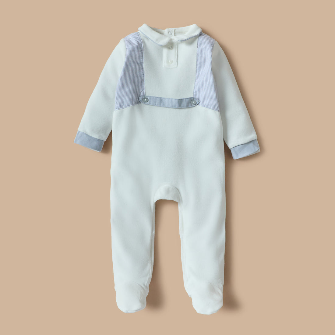 Giggles Solid Velour Collared Sleepsuit with Button Detail - White / 9-12 mths