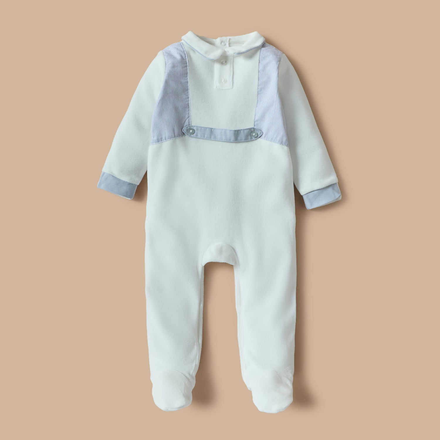Giggles Solid Velour Collared Sleepsuit with Button Detail - White / 9-12 mths