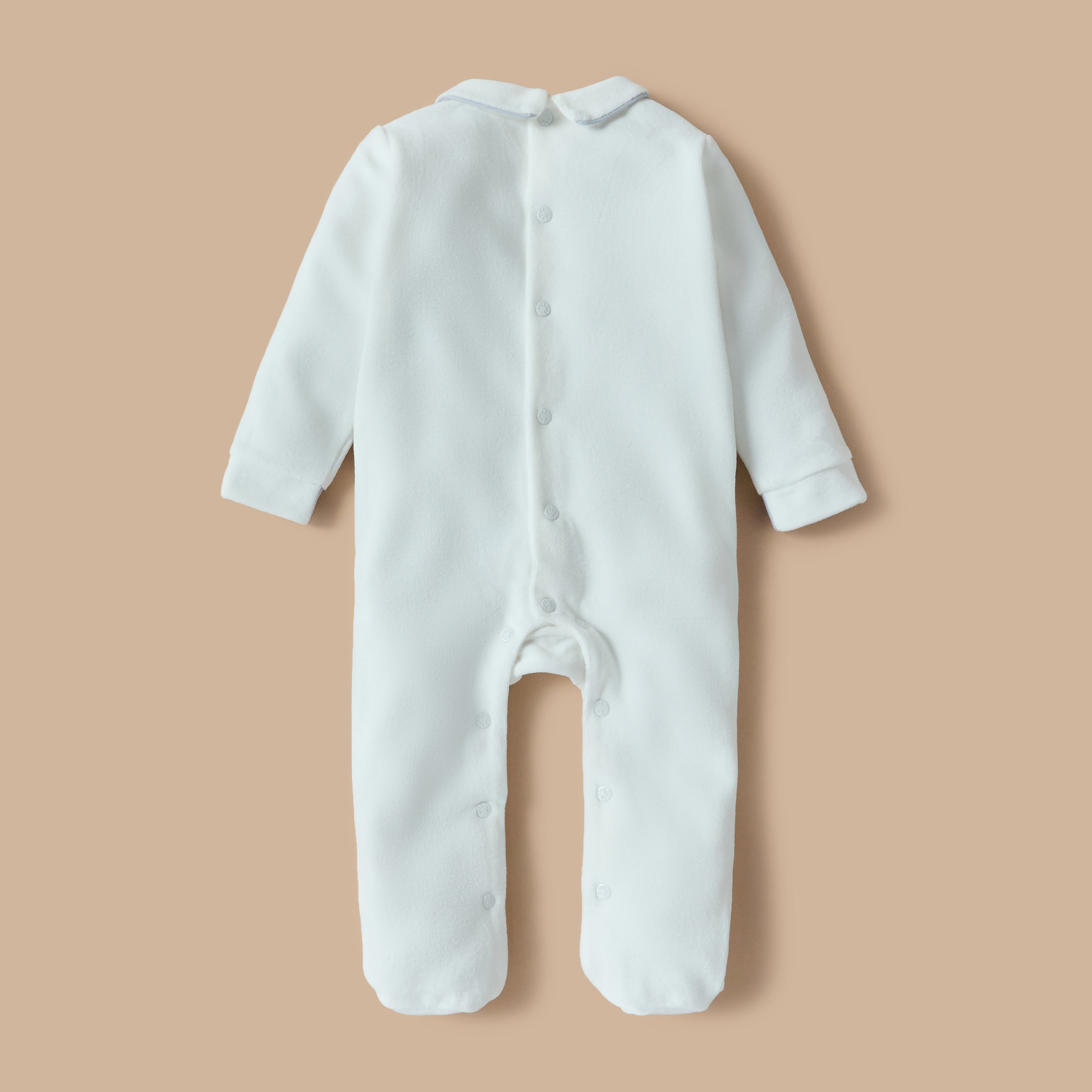 Giggles Solid Velour Collared Sleepsuit with Button Detail