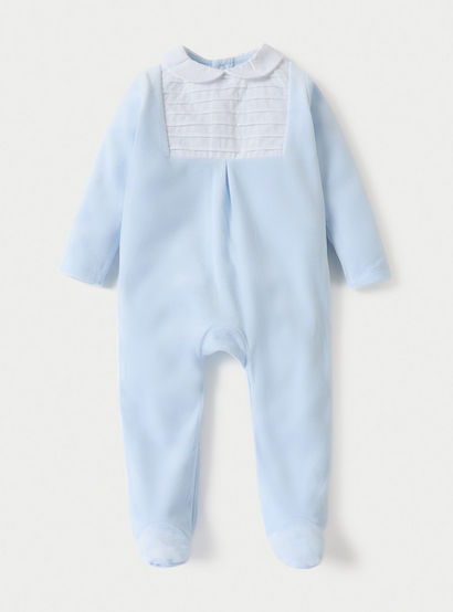 Giggles Panelled Velour Closed Feet Sleepsuit with Long Sleeves and Button Closure-baby-boys-clothing-nightwear-sleepsuits-image-1