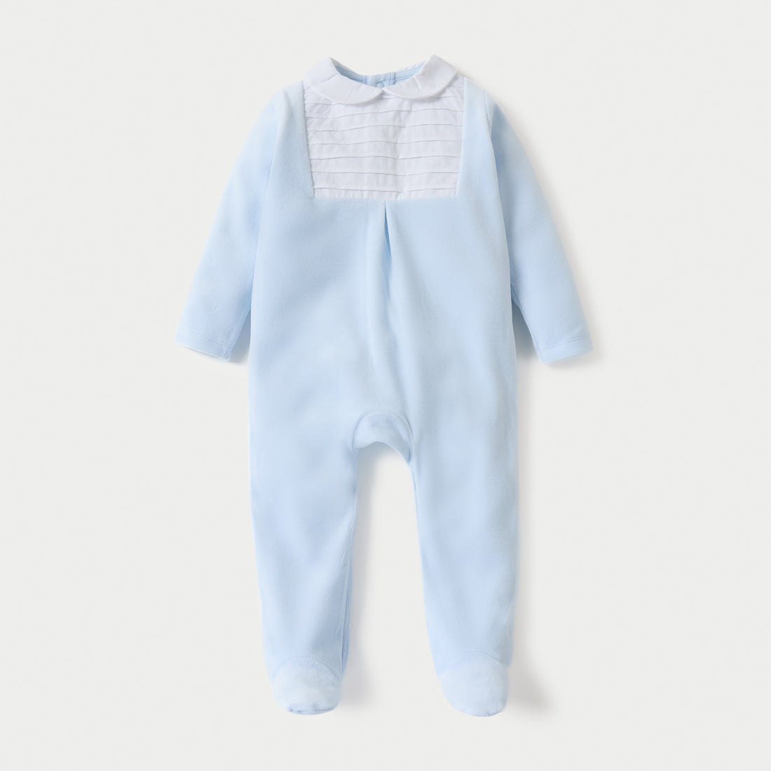 Giggles Panelled Velour Closed Feet Sleepsuit with Long Sleeves and Button Closure - Blue / 9-12 mths