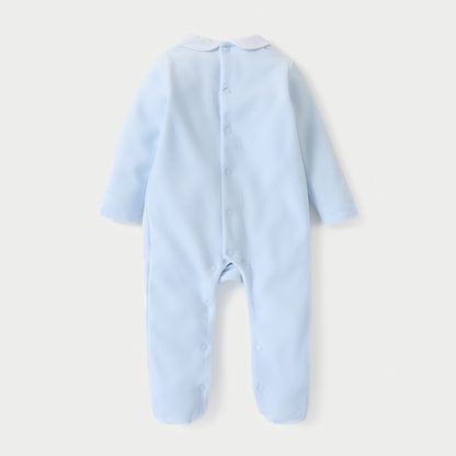 Giggles Panelled Velour Closed Feet Sleepsuit with Long Sleeves and Button Closure