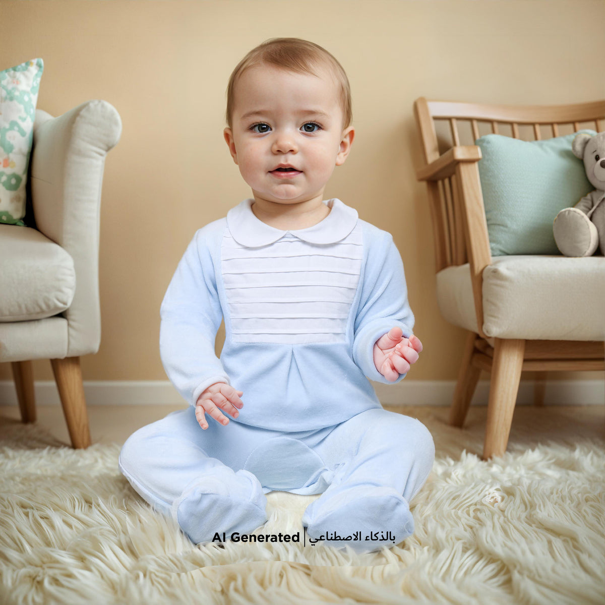 Giggles Panelled Velour Closed Feet Sleepsuit with Long Sleeves and Button Closure