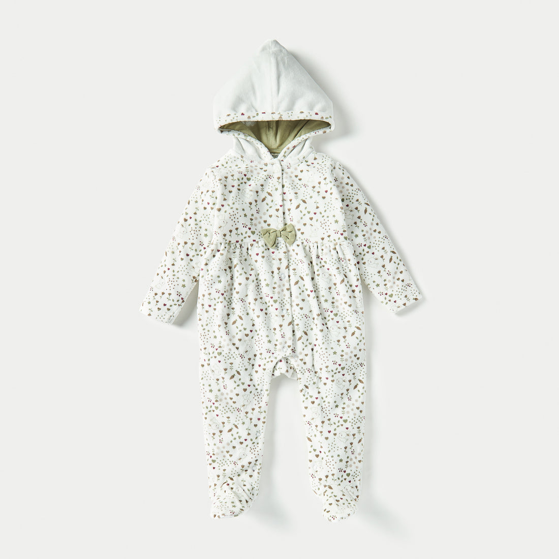 Juniors All-Over Print Hooded Sleepsuit with Snap Button Closure - White / 9-12 mths