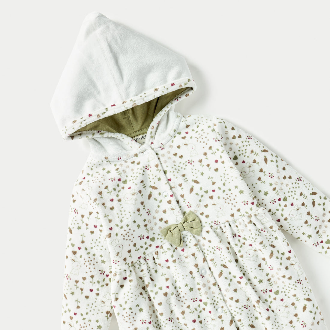 Juniors All-Over Print Hooded Sleepsuit with Snap Button Closure - White / 9-12 mths