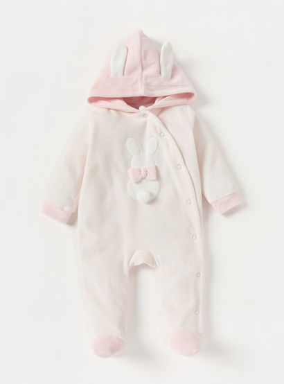 Juniors Rabbit Applique Velour Closed Feet Hooded Sleepsuit with Button Closure-baby-girls-clothing-nightwear-sleepsuits-image-1