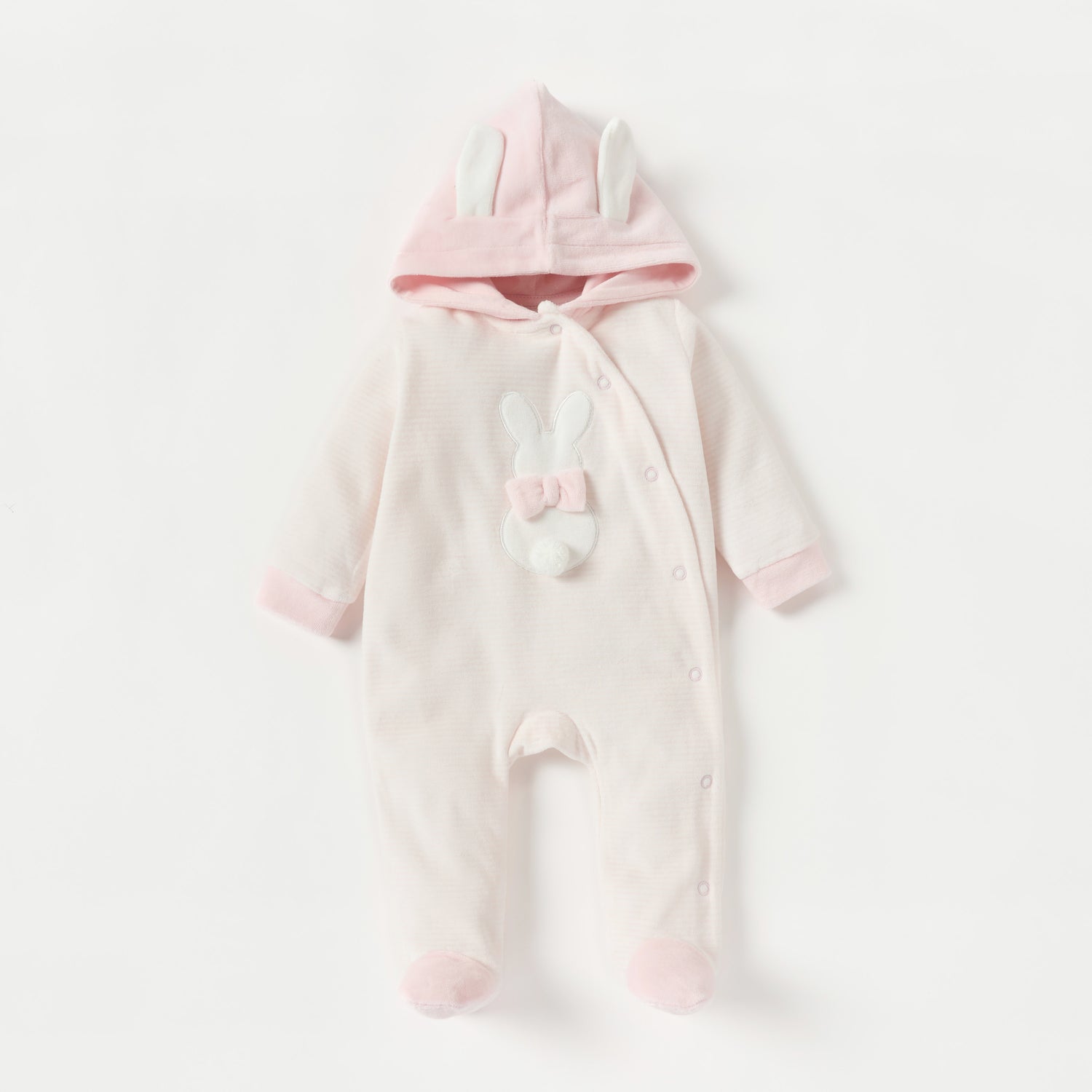 Juniors Rabbit Applique Velour Closed Feet Hooded Sleepsuit with Button Closure - Pink / 9-12 mths