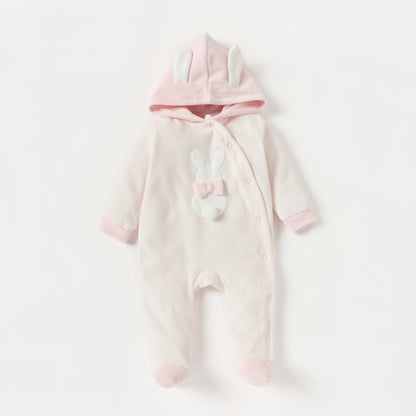 Juniors Rabbit Applique Velour Closed Feet Hooded Sleepsuit with Button Closure - Pink / 9-12 mths