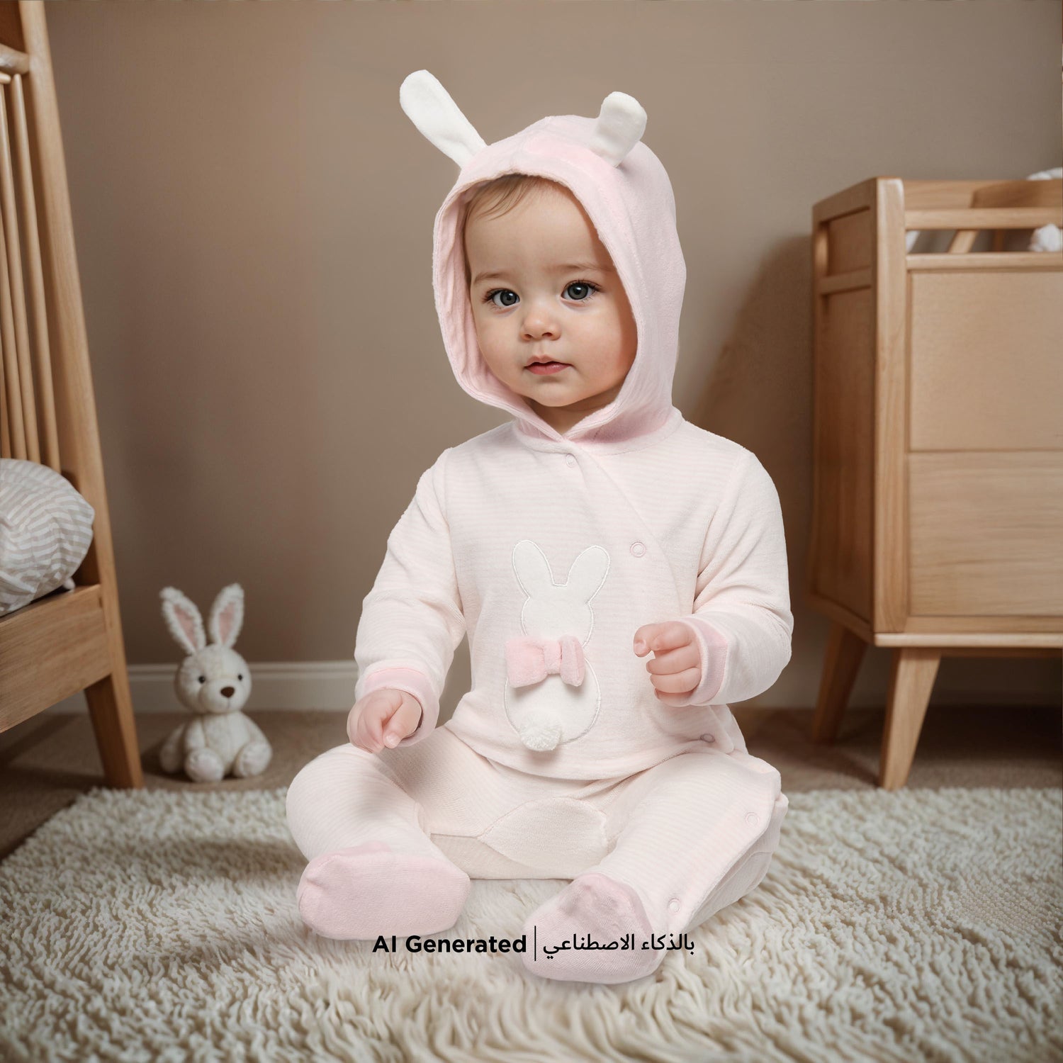 Juniors Rabbit Applique Velour Closed Feet Hooded Sleepsuit with Button Closure