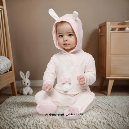 Juniors Rabbit Applique Velour Closed Feet Hooded Sleepsuit with Button Closure