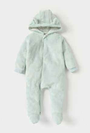 Juniors Solid Fleece Closed Feet Hooded Sleepsuit with Zip Closure and Ear Applique
