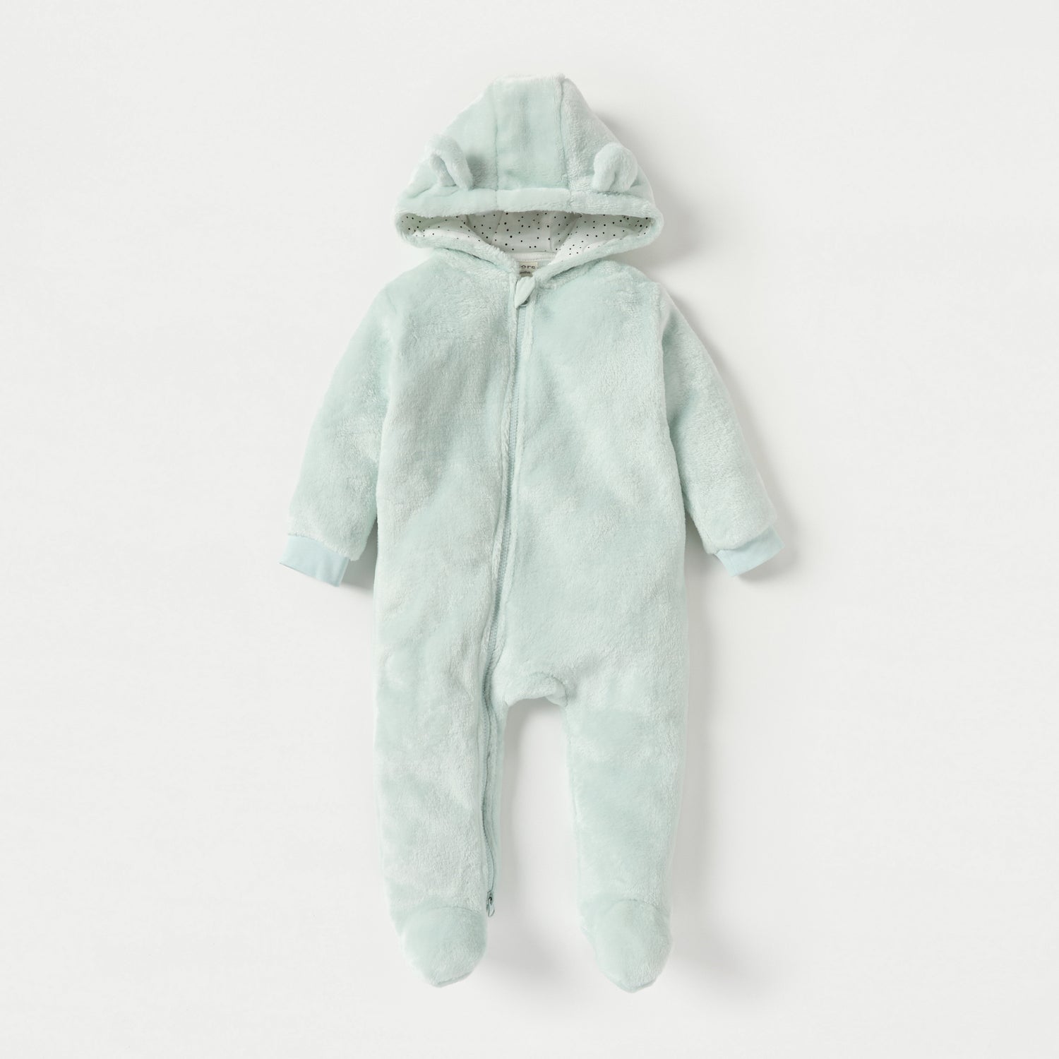 Juniors Solid Fleece Closed Feet Hooded Sleepsuit with Zip Closure and Ear Applique - Green / 9-12 mths