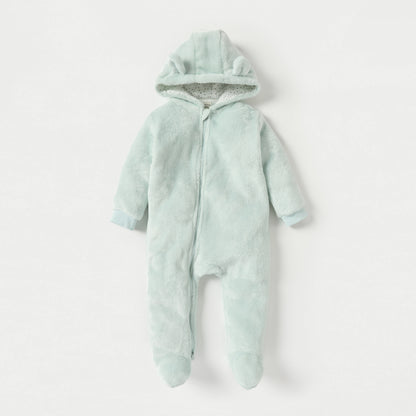 Juniors Solid Fleece Closed Feet Hooded Sleepsuit with Zip Closure and Ear Applique - Green / 9-12 mths