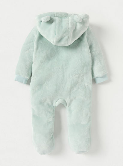 Juniors Solid Fleece Closed Feet Hooded Sleepsuit with Zip Closure and Ear Applique-baby-girls-clothing-nightwear-sleepsuits-image-2