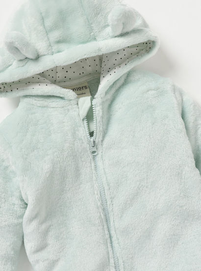 Juniors Solid Fleece Closed Feet Hooded Sleepsuit with Zip Closure and Ear Applique-baby-girls-clothing-nightwear-sleepsuits-image-3