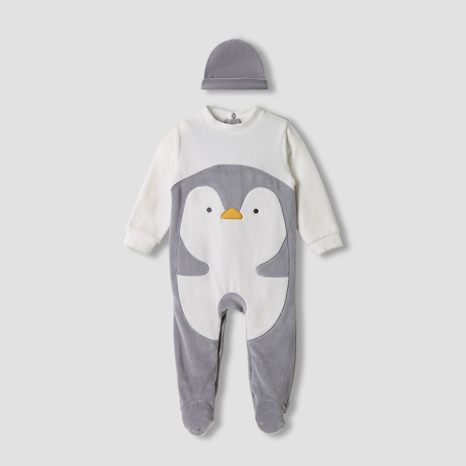 Juniors Penguin Detail Velour Closed Feet Sleepsuit with Cap - Grey / 9-12 mths