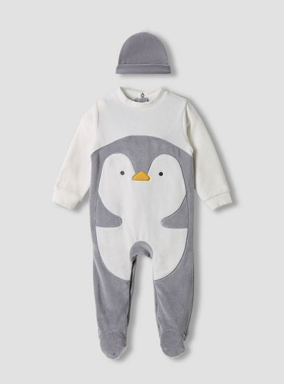 Juniors Penguin Detail Velour Closed Feet Sleepsuit with Cap-baby-boys-clothing-nightwear-sleepsuits-image-1