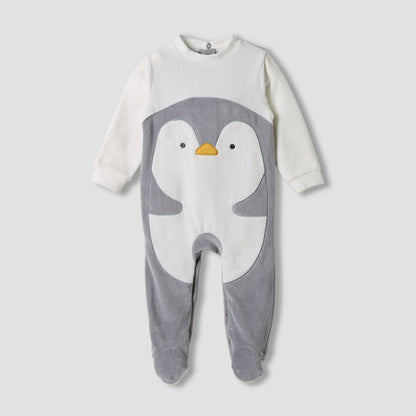Juniors Penguin Detail Velour Closed Feet Sleepsuit with Cap