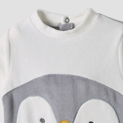 Juniors Penguin Detail Velour Closed Feet Sleepsuit with Cap
