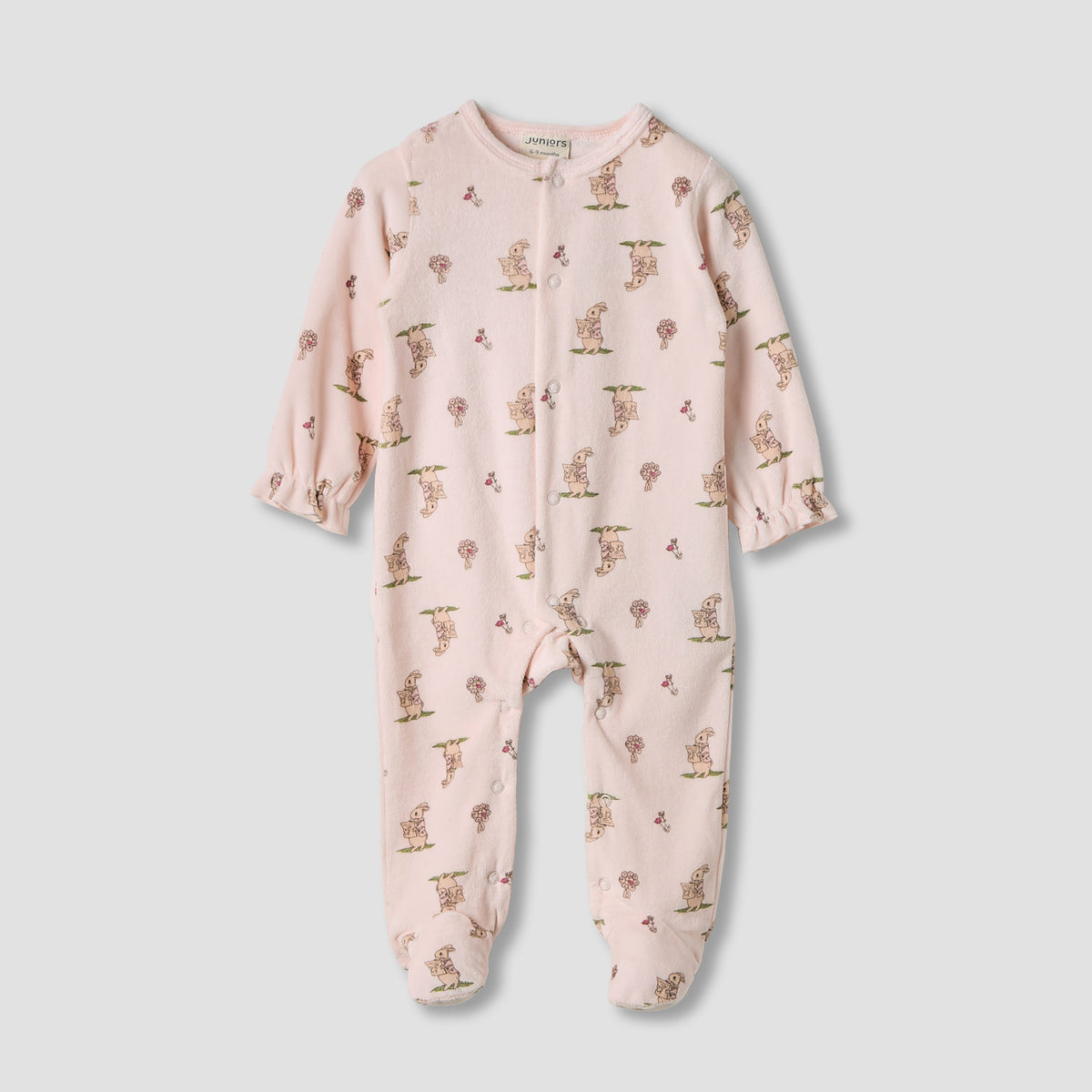Juniors Bunny Print Velour Closed Feet Sleepsuit with Button Closure - Set of 2