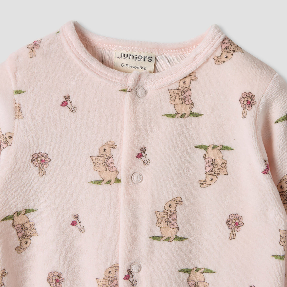 Juniors Bunny Print Velour Closed Feet Sleepsuit with Button Closure - Set of 2