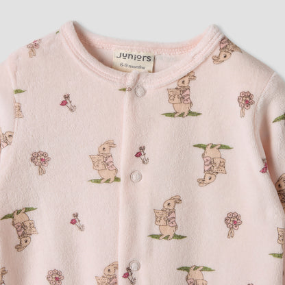Juniors Bunny Print Velour Closed Feet Sleepsuit with Button Closure - Set of 2