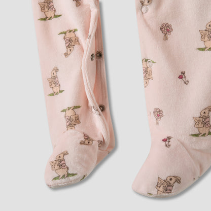 Juniors Bunny Print Velour Closed Feet Sleepsuit with Button Closure - Set of 2