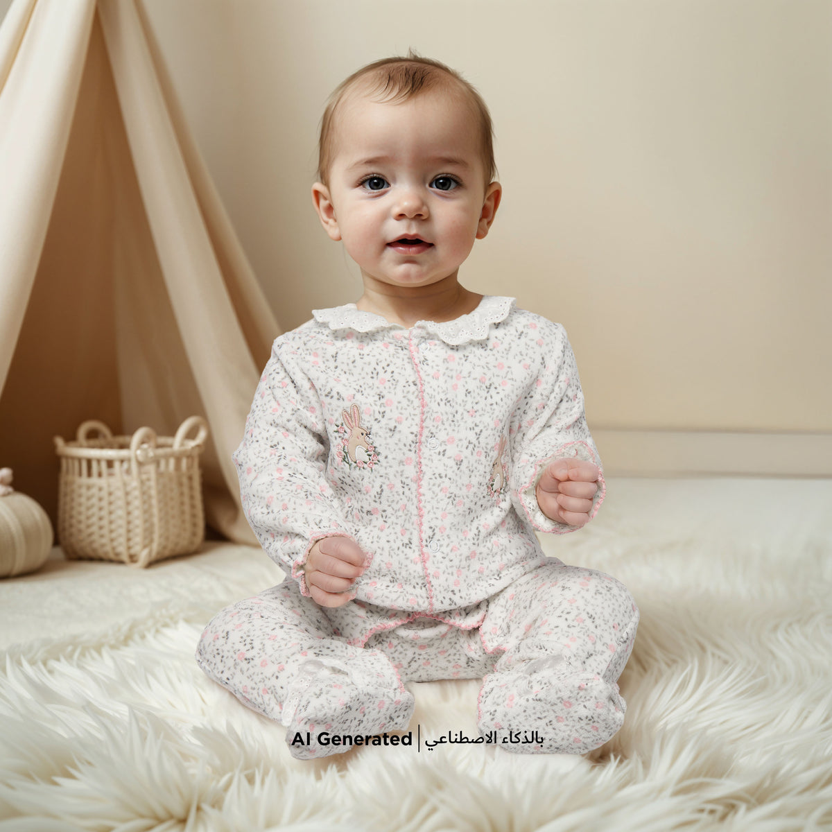 Juniors Bunny Print Velour Closed Feet Sleepsuit with Button Closure - Set of 2