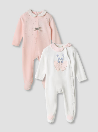 Juniors Textured Velour Footed Sleepsuit with Long Sleeves - Set of 2-baby-girls-clothing-nightwear-sleepsuits-image-1