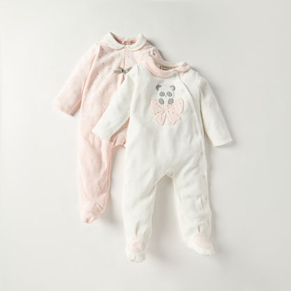 Juniors Textured Velour Footed Sleepsuit with Long Sleeves - Set of 2 - Multicolour / 9-12 mths