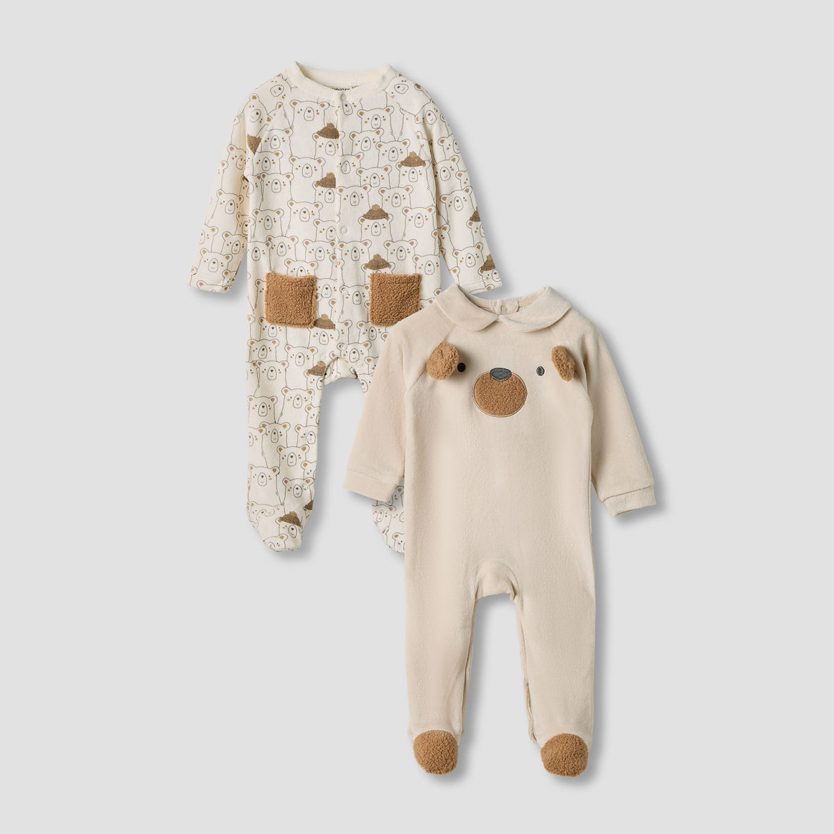 Juniors Bear Print Velour Closed Feet Sleepsuit with Button Closure - Set of 2