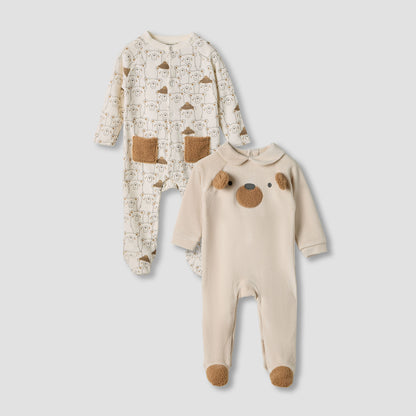 Juniors Bear Print Velour Closed Feet Sleepsuit with Button Closure - Set of 2