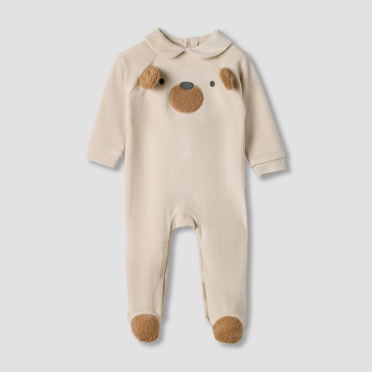Juniors Bear Print Velour Closed Feet Sleepsuit with Button Closure - Set of 2