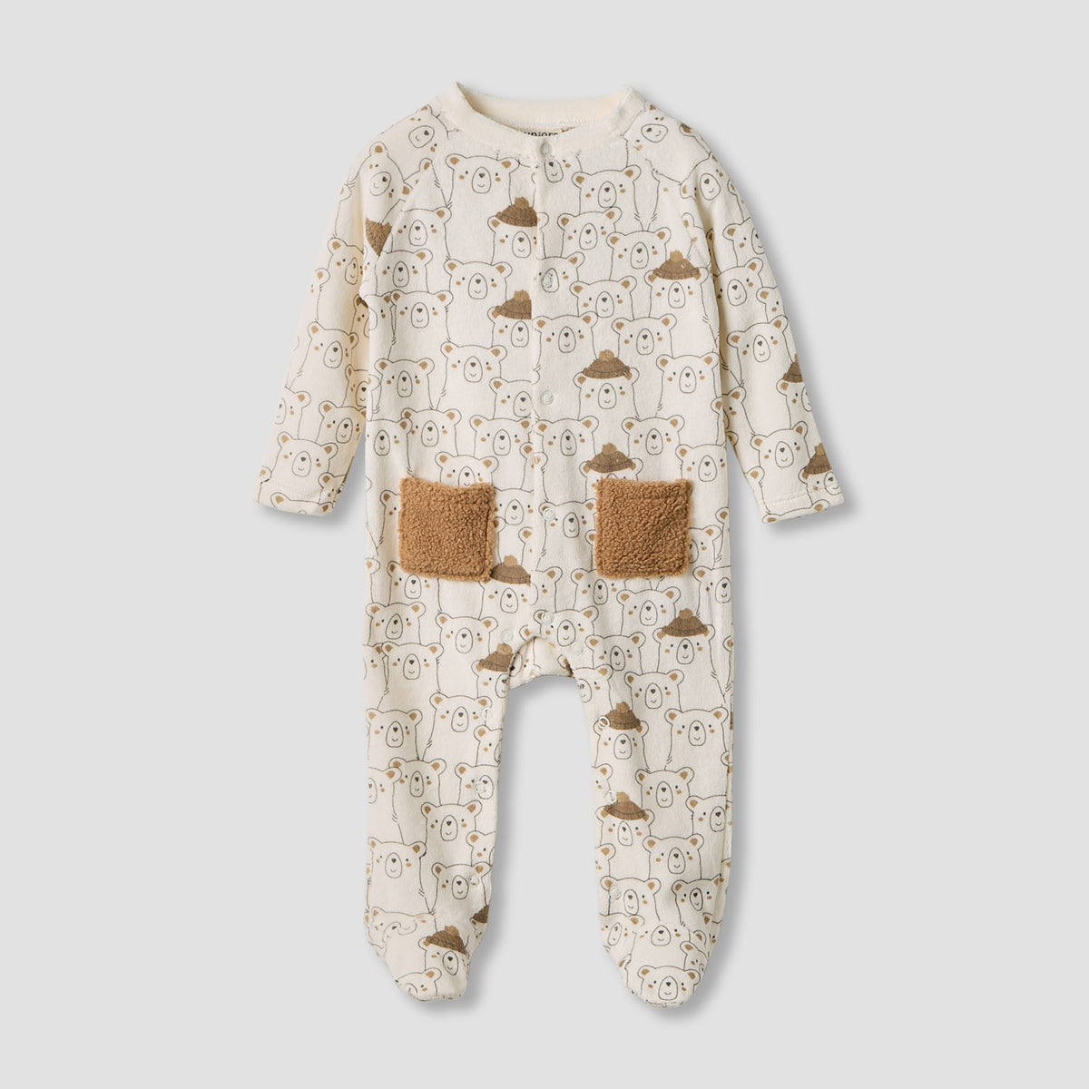 Juniors Bear Print Velour Closed Feet Sleepsuit with Button Closure - Set of 2